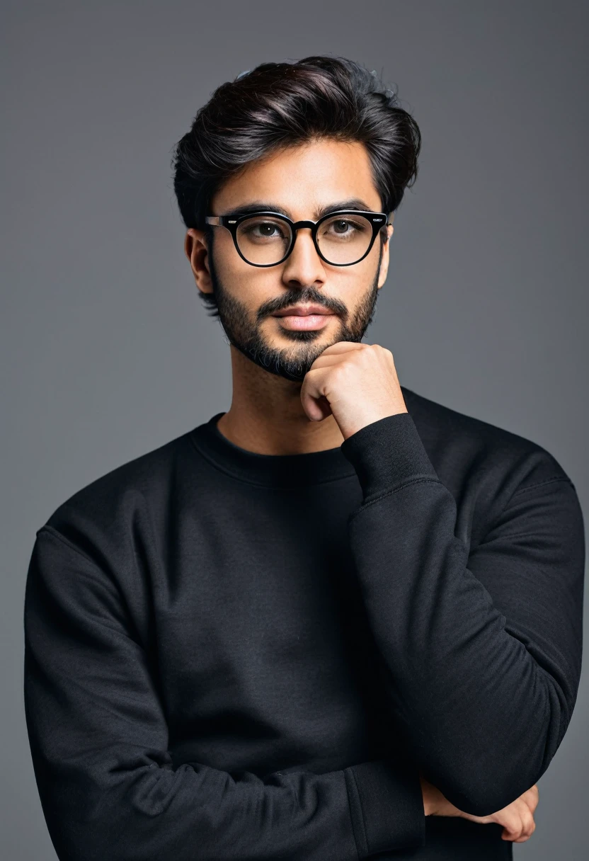 create a man wearing glasses with a black sweatshirt thinking with his hand on his chin looking to the side, in high resolution