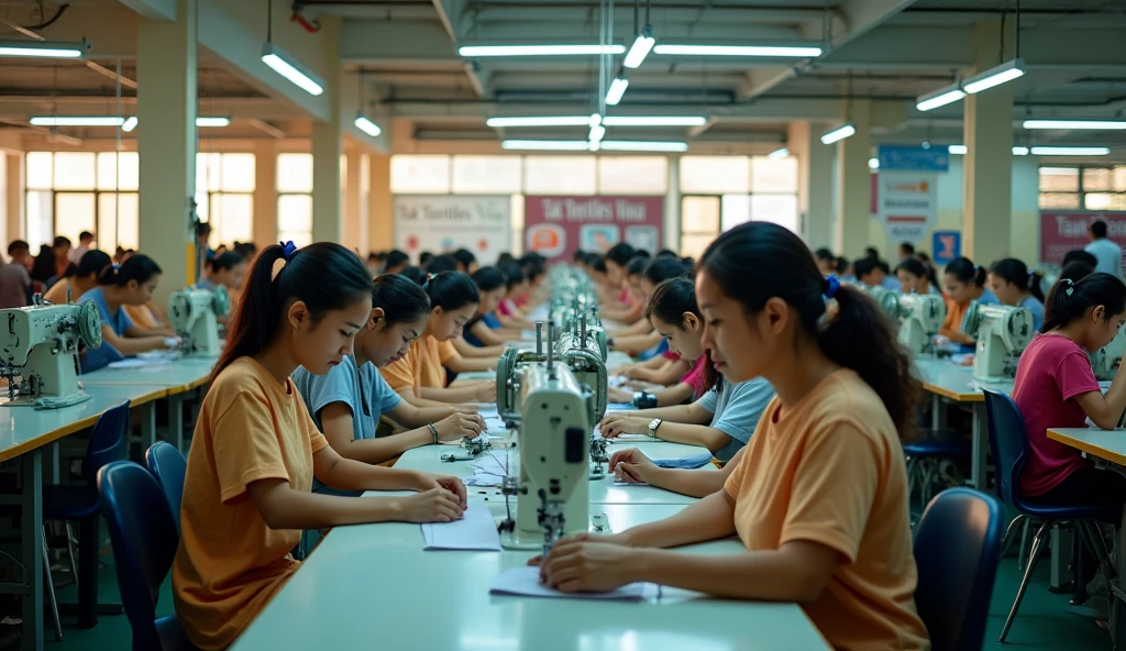 Vietnamese. Make a photo of 20 women working inside a garment factory.Employees running sewing machines. wide angle lens. Put the words "TAK TEXTILES VINA" on the inside wall of the factory.