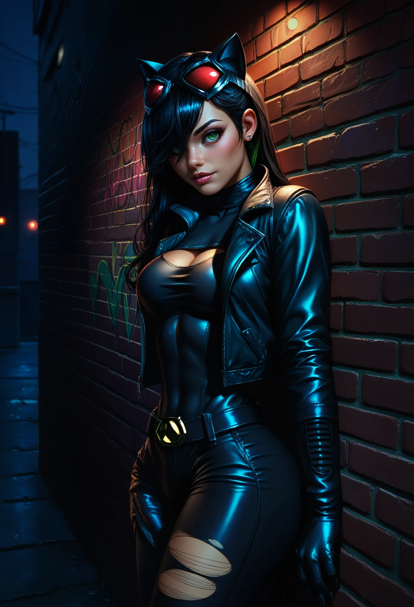 score_9, score_8_up, score_7_up, detailed, 1girl, Catwoman , dc comics character , sexy k solo, intricate details, chromatic aberration, realistic, long hair, black hair, cat ears head ornament, vivid colors highlights, hair over one eye, green eyes, earrings, sharp eyes, choker, vivid neon colors, torn legwear, open jacket, turtleneck sweater, night,against wall, brick wall, graffiti, dim lighting, alley, looking at viewer
