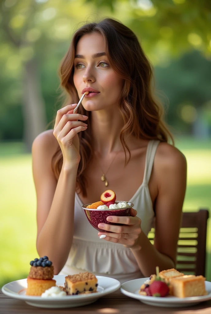 Beautiful woman aged 25 to 35, in park, salmonete, chestnut hair, brown eye eating acai with sweets Satellite image, backlighting, ultra HD, high qualiy, best qualityer, high resolution, 8k, 16K