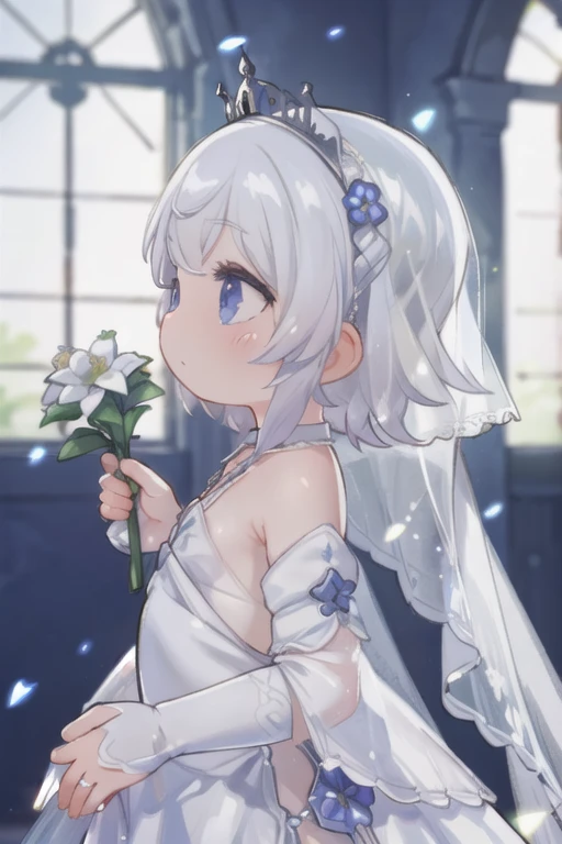 (masterpiece, Highest quality:1.3) Luna FF, One , alone, short hair, gloves, dress, Holding, Expose your shoulders, jewelry, Braiding, flower, necklace, white dress, From the side, Veil, Bridal Gauntlet, flower束, wedding dress, Realistic, crown Braiding, bridal Veil, flower嫁，