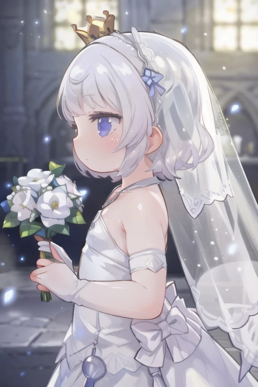 (masterpiece, Highest quality:1.3) Luna FF, One , alone, short hair, gloves, dress, Holding, Expose your shoulders, jewelry, Braiding, flower, necklace, white dress, From the side, Veil, Bridal Gauntlet, flower束, wedding dress, Realistic, crown Braiding, bridal Veil, flower嫁，