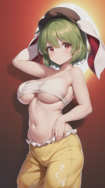 Ringo \(Touhou\), by rubio, short hair, taxi driver hat, belly button, rabbit ears, Red eyes, clavicle, ruffled dress, yellow shorts, big breasts, detailed face, detailed eyes, Detailed hair. Big huge breasts. nude