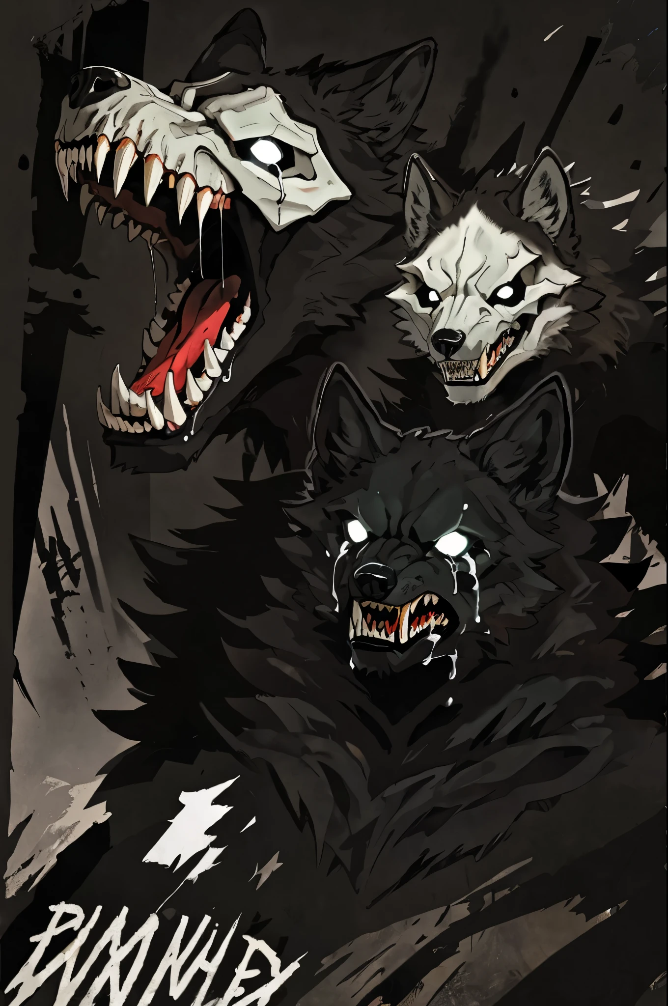 wolf, horror, wolf skull face, hatred, yelling, crying, tears streaming down, angry expression, full body, canine, half wolf face half skull, dark face, black fur, creepy, big teeth, bright white eyes, shadows, no face, dark background, full black backgrou