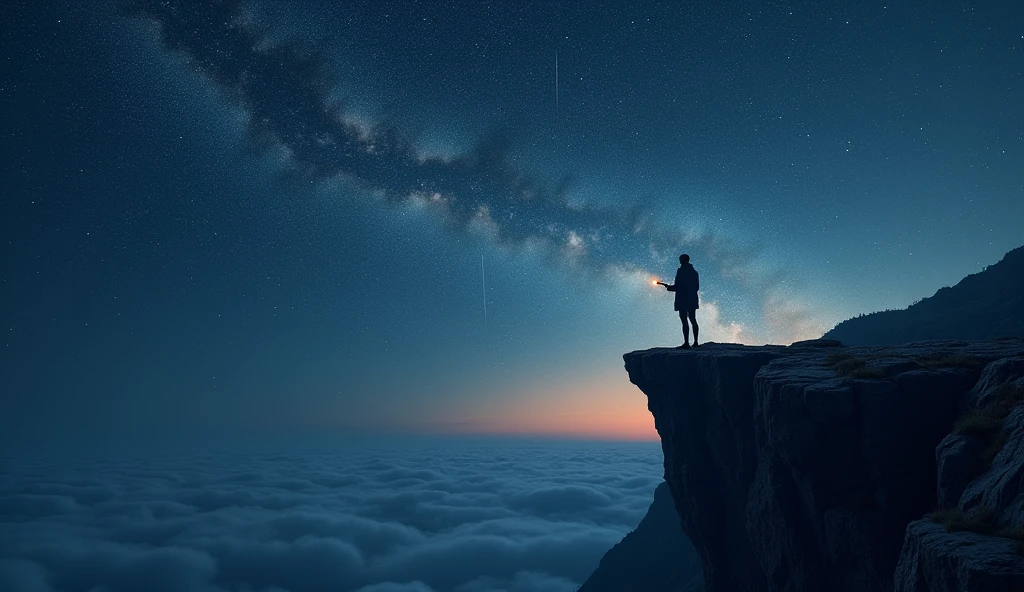 A person standing on a cliff overlooking a star-filled sky, with zodiac constellations prominently visible. They are holding a telescope, peering into the cosmos. Atmosphere: expansive and introspective. Mood: inspired and contemplative. --ar 16:9
