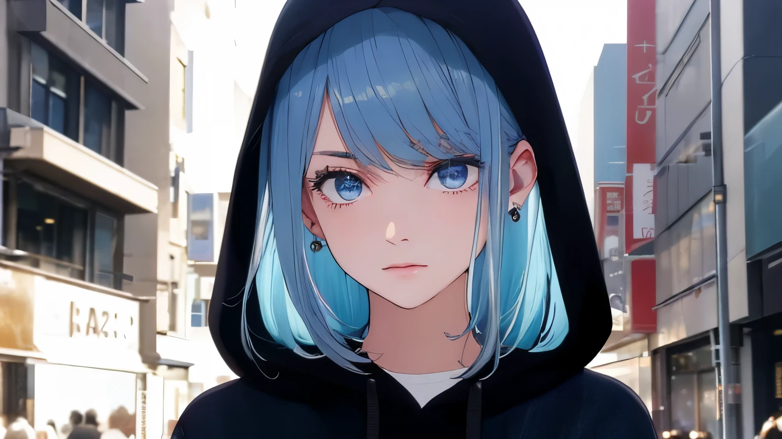 (Highest quality, 4K, 8k, Tabletop:1.2, Ultra-high resolution, Realistic:1.5), RAW Photos, One Girl, In the Dark, (Plain background), (A plain, solid background), Deep Shadow, Low lighting, Cool tones, Long Hair, Tied Hair, Subtle highlights, Dramatic contrast, (Dynamic Angle), ((1 female )), ((Plain background)), ((Flat Color)), (Dress code: Omotesando street fashion), (jeans), Looking at the audience, Upper Body, Transparent Background, High Contrast, Contrasting colors, Cowboy Shot, Pale pink and blue lighting, Light blue hair, Small star-shaped earrings in both ears, watch, bright eyeshadow, R-18, The upper body is wearing a hoodie, (Wearing a hood), (Hair is not sticking out from the hood), (No hair sticking out of the hood), Harajuku Fashion