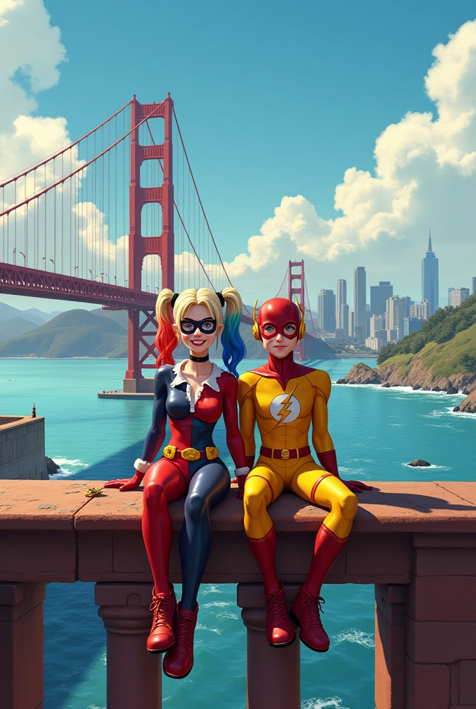 Harley Quinn and Wally West sitting on the San Francisco bridge
