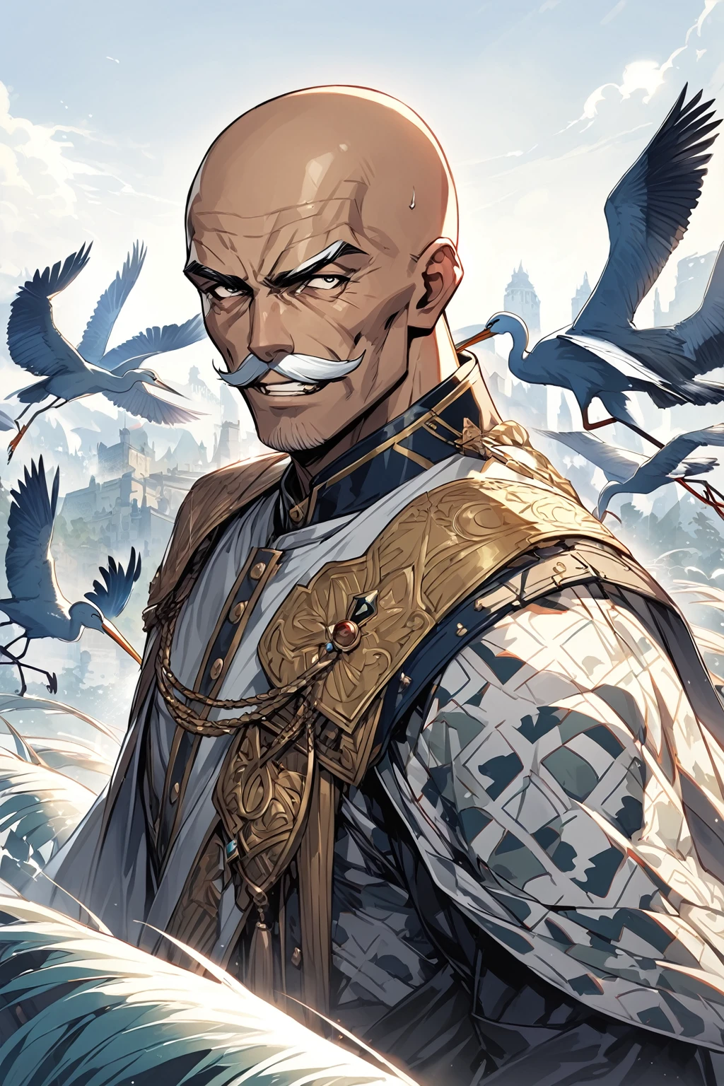 masutepiece, Best Quality,  Highly detailed, epic exquisite character art, A Man, (((Solo))), (muscular guy, Middle Age, 50 years old, , Bald, shaved hair, Black short mustache), (Paladin Knight of Arab aesthetics, Wearing a military uniform with a camouflage pattern, Patterned fabrics and capes, With the coat of arms of a heron), shadowverse style,Castlevania: Lord of Shadows,Evil Bald Muscular Warrior,Upper body,Evil smile,Camouflage military uniform,old man,furious evil smile,