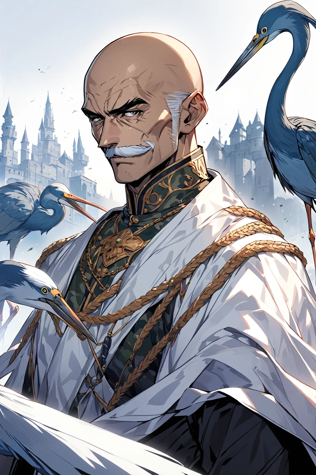 masutepiece, Best Quality, Highly detailed, epic exquisite character art, A Man, (((Solo))), (muscular guy, Middle Age, 50 years old, , Bald, shaved hair, Black short mustache), (Paladin Knight of Arab aesthetics, Wearing a military uniform with a camouflage pattern, Patterned fabrics and capes, With the coat of arms of a heron), shadowverse style,Castlevania: Lord of Shadows,Evil Bald Muscular Warrior,Upper body,Evil smile,Camouflage military uniform,old man,furious evil smile,