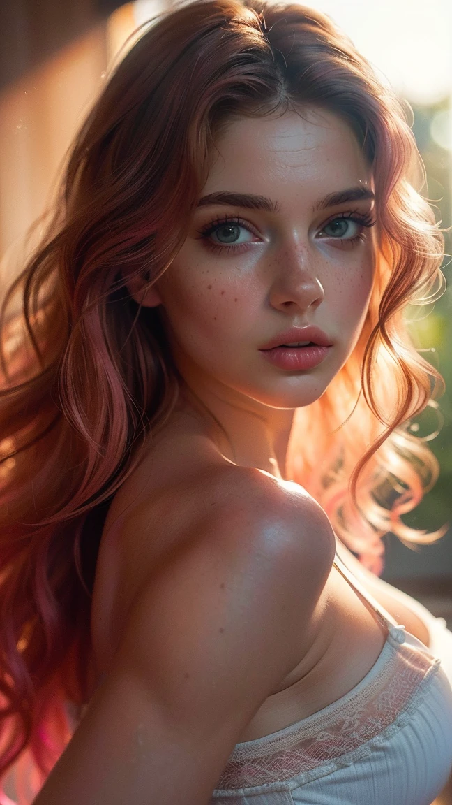 (((ultra realistic))) Photo, masterpiece, top quality, (pale skin), (Ultra detailed face and eyes:1.3), 1 girl, Adult, in a T-shirt, (Eye makeup, mascara) , ((large detailed lips)), ((pink wavy hair)), ((Chyolka)) , (Natural breasts), Slim waist. ((Posing)), photoshoot, studio (soft lighting), (The play of light and shadows), depth of field, bokeh, (special attention to skin detail: 1.2), Detailed leather texture, skin pores. (Airy atmosphere of the frame. Color range - delicate, Bright, white, Pink tones), UDR, ((Film grain)), ((rays)), ((glare of the sun)), ((waist up portrait, close to the camera)) , ultra detialed,