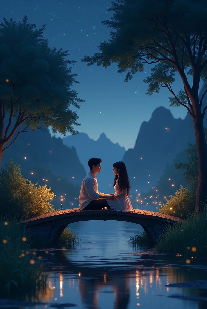 A couple sitting on a small bridge over a river, at night watching fireflies