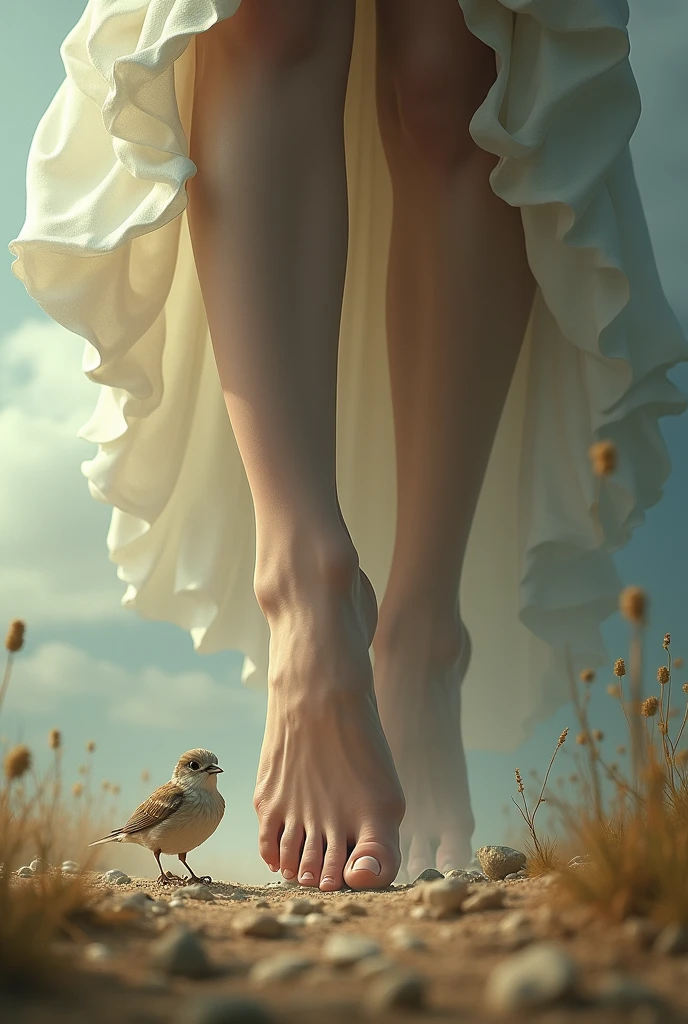 (photorealism:1.2), beautiful  giant woman, step on a little bird under her feet , close up to her feet 
