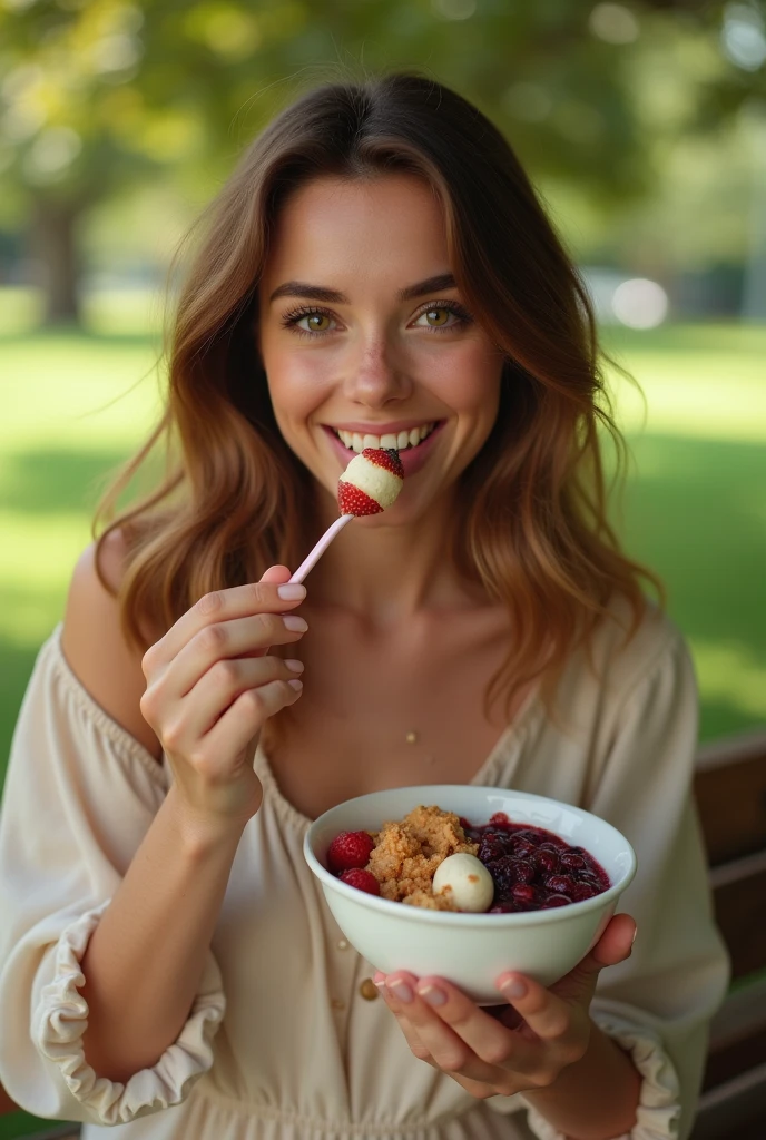 Beautiful woman aged 25 to 35, in park, salmonete, chestnut hair, brown eye eating acai with sweets Satellite image, backlighting, ultra HD, high qualiy, best qualityer, high resolution, 8k, 16K