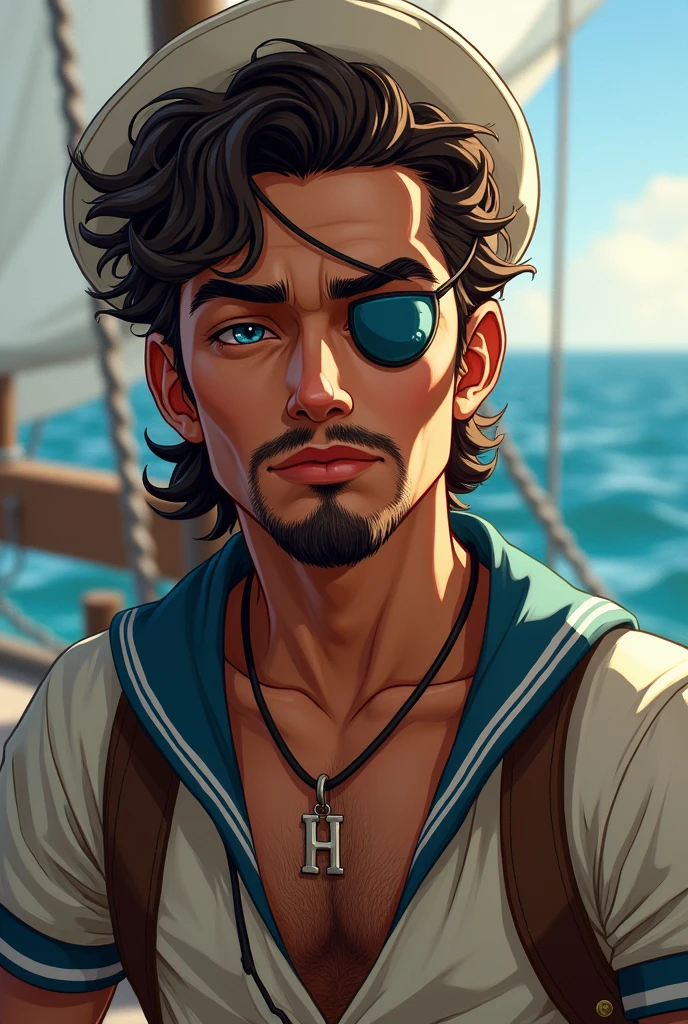 

Imagine a 23 year old sailor with a curly mullet hairstyle. The hair in the back is longer and curlier., while the front part is shorter.He has a mustache and a goatee.He is wearing an eyepatch over his right eye, giving it an air of mystery and adventure. His remaining eyes are an intense blue., shining with a vibrant hue.He has a necklace with the letter H. The sailor may be wearing a typical sailor uniform, with a striped shirt and a sailor hat, to complete the nautical look.He has tanned skin from the sun


