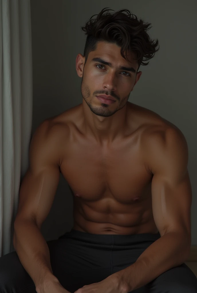 Nude latino guy with short brown hair and dark eyes.
He is sitting and looking forward
He Has BLACK eyes