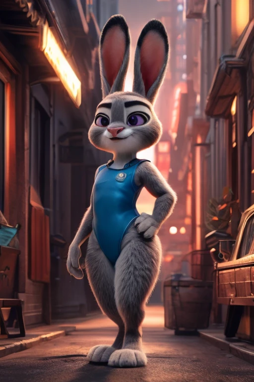 Judy Hopps, Pixar animated Zootopia style, a girl wearing a leotard with a 3:1 hip to leg ratio, bedroom setting, detailed facial features, cinematic lighting, photorealistic, 8K, hyper detailed, masterpiece