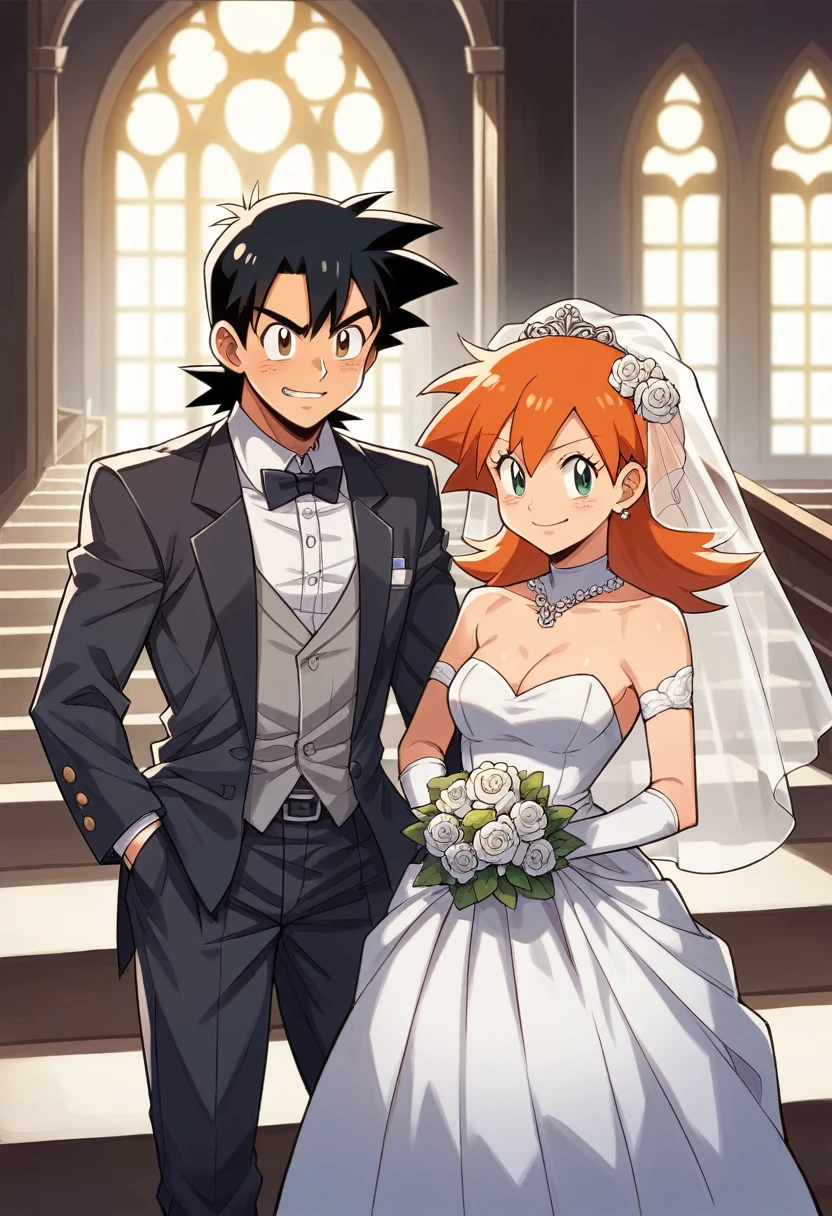 1boy, black hair, brown eyes, hair between eyes, ash ketchum, groom, suit, handsome boy, macho, good looking boy 1girl, misty pokemon, orange hair, hair down, green eyes, bride, pretty, beautiful girl photograph of a 18 years old couple, on their wedding, on a church, they're showing off their love and affection for each other, they're caressing