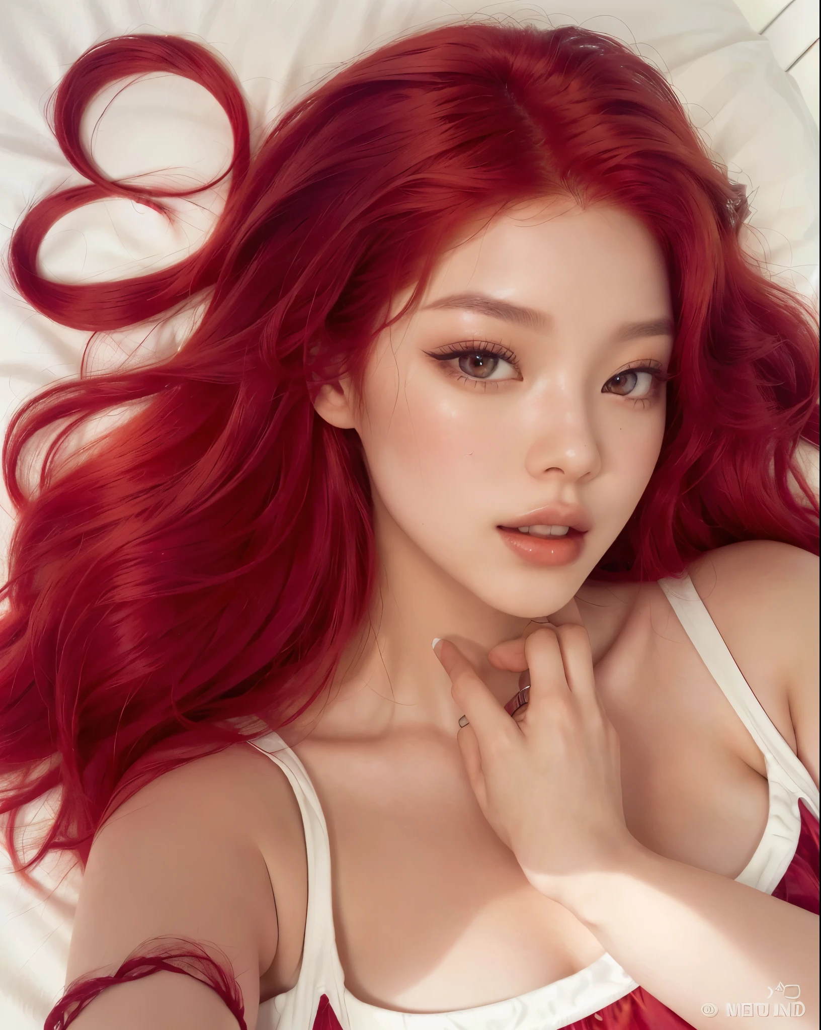 a close up of a woman with red hair laying on a bed, red wig, red dyed hair, with long red hair, fiery red, with curly red hair, bright red hair, with red hair, red hair and attractive features, red hair, amouranth, vibrant red, vibrant red hair, crimson red hair and red eyes, wavy vibrant red hair, Asian woman, Face like Jennie, Blackpink, Woman, face angel 