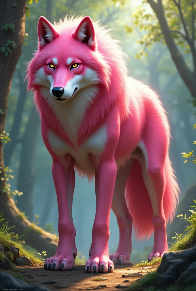 Strong and large alpha wolf with cherry blossom pink fur 
