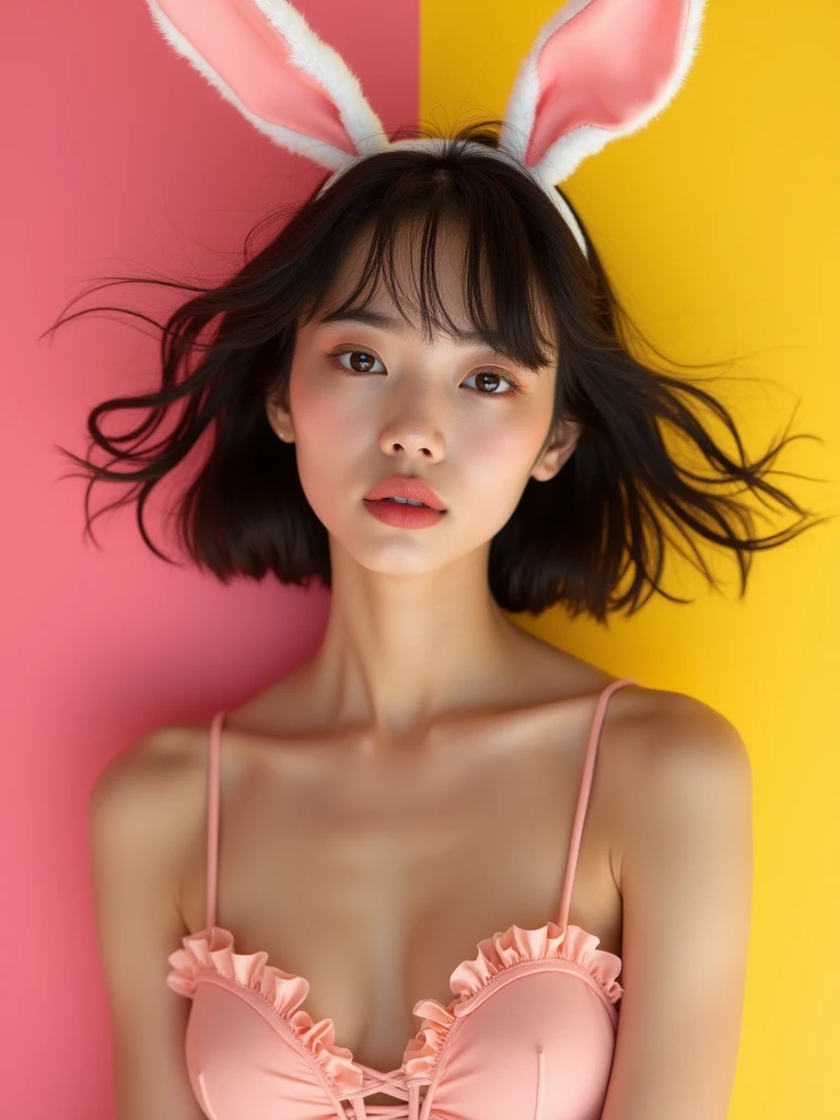 Actual photo, (masterpiece), (Highest quality), (Very detailed), (Messy Hair), (shape), (One Japan), Full body photo、Sit with your knees bent、(Chiffon frill bikini), Bunny ears、Fashion Model, (Simple Pink、Yellow background), Beautiful and beautiful eyes, Beautiful face,  Smile a little、floating, (High color saturation),  Focus on the face, Black bob cut hair, floating Hairs, (The Shining), Best writing, Best Shadow,