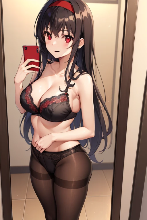 best quality, high resolution, unity 8k wallpaper, (illustration:0.8), (beautiful detailed eyes:1.6), extremely detailed face, perfect lighting, extremely detailed CG, (perfect hands, perfect anatomy), kasumigaokautaha, ((full body)), looking back, ((slim body)), ((perfect body)), ((slim legs)), utaha kasumigaoka, black hair, hairband, long hair, (red eyes:1.5), masterpiece, best quality, highres, kasumigaoka utaha, 1girl, solo, ((standing:1.4)), ((black pantyhose)), medium breasts, blushing, black hair, hairband, red eyes, ((white hairband:1.4)), bangs, medium breasts, blushing, ((smile:1.4)), cowboy shot, bathroom background, ((selfie mirror:1.4)), ((black lace bra)), ((black lace panties)), ((spread legs)),