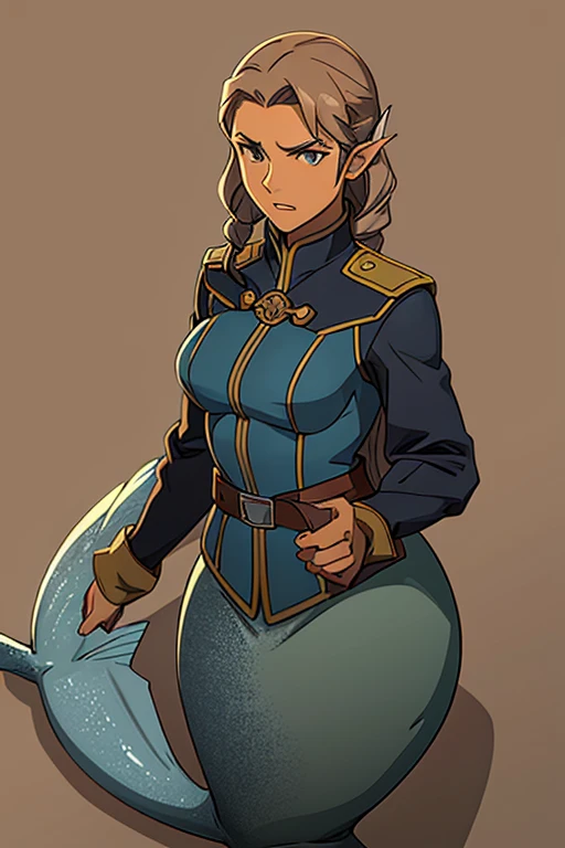 a illustration of a (((mermaid))) muscular_female mature_female, military_jacket military_coat leather_armor, silver_scales, black_hair curly_hair, (((tan))), sailor, solo, cowboy_shoot, female_focus, simple_background, solo, final fantasy tactics, jrpg, demacia, vox machina style, dungeon_meshi