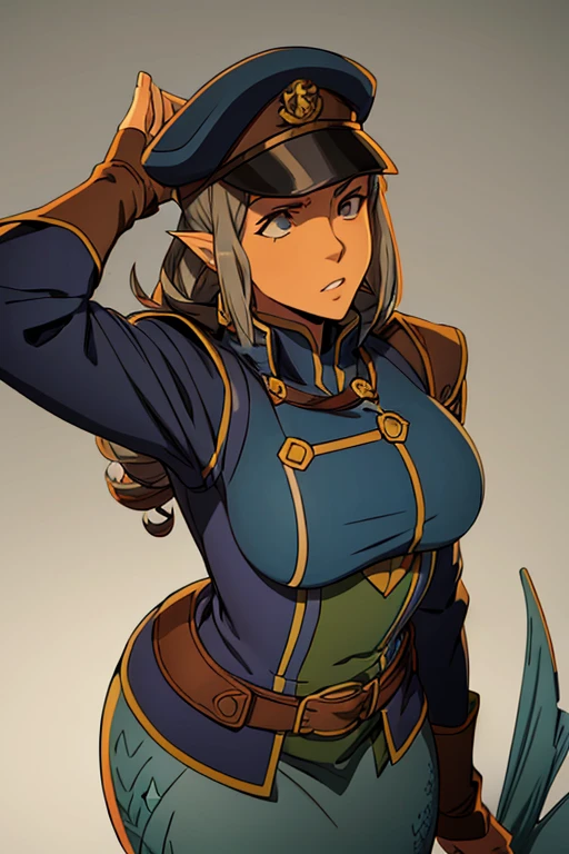 a illustration of a (((mermaid))) muscular_female mature_female, military_jacket military_coat leather_armor, silver_scales, black_hair curly_hair, (((tan))), sailor, solo, cowboy_shoot, female_focus, simple_background, solo, final fantasy tactics, jrpg, demacia, vox machina style, dungeon_meshi