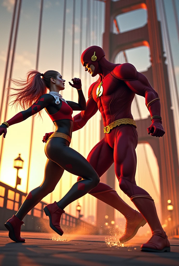 Harley Quinn and Wally West fighting on the San Francisco bridge 