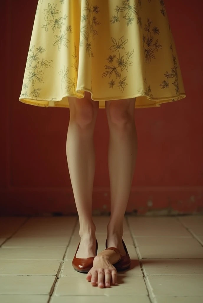 legs of a woman facing forward, with brown low heels, with a light yellow floral dress from the 60s that reached her legs, In front of the feet there is an arm with a man's hand, lying on the ground. The image is with antique red tones.
