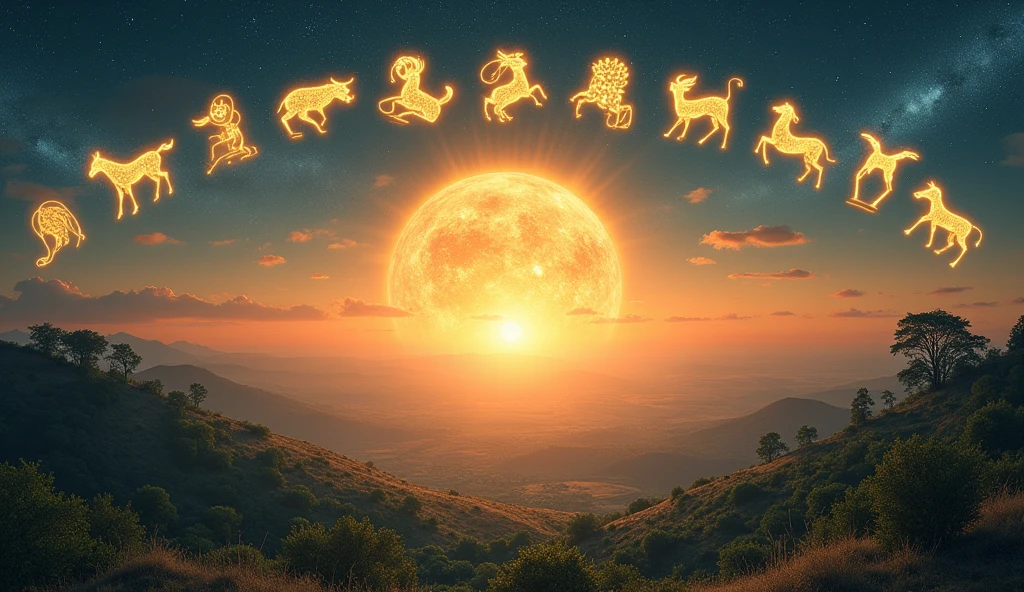 A panoramic view of the sun rising and setting across various zodiac signs, each sign highlighted in the sky. The landscape below shows changes reflecting different stages of growth. Atmosphere: grand and revealing. Mood: harmonious and enlightening. --ar 16:9