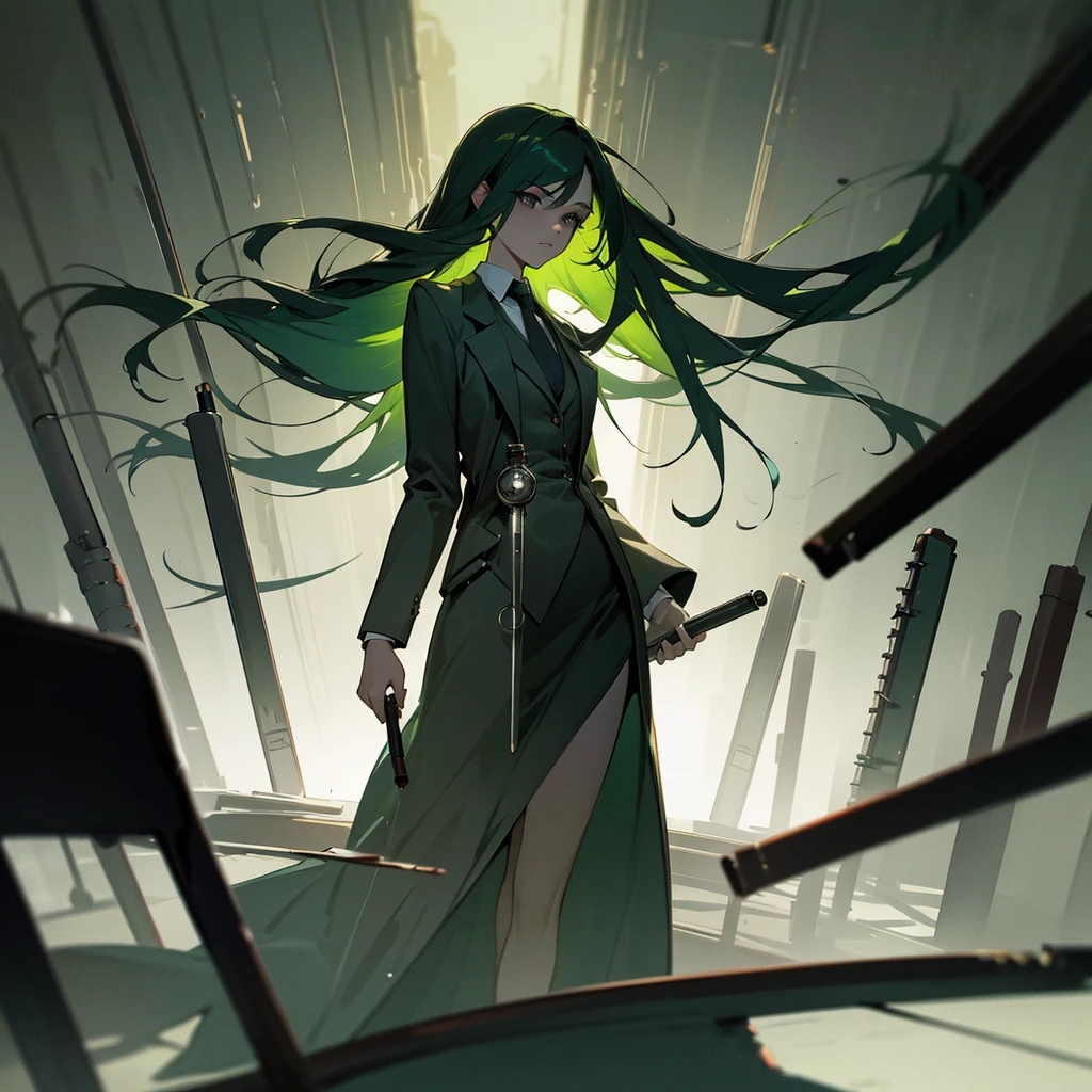 high quality, cinematic, dramatic lighting, hyper realistic, cinematic composition, moody, dark, somber, atmospheric, emotive, green-haired woman in a laboratory, long green hair, dark green hair, black eyes, sad expression, lab coat, blazer, skirt, scientific equipment, test tubes, beakers, computers, desaturated colors, moody lighting, dramatic shadows, photorealistic