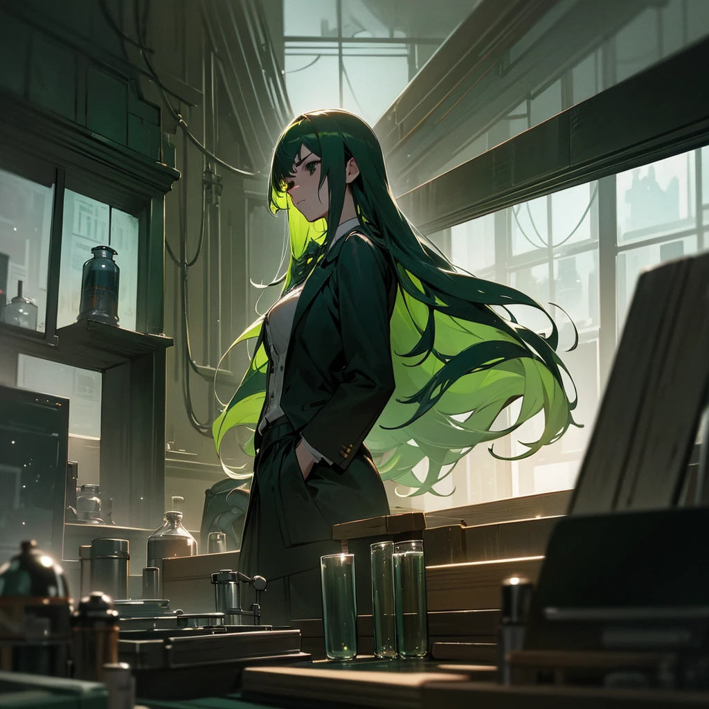 high quality, cinematic, dramatic lighting, hyper realistic, cinematic composition, moody, dark, somber, atmospheric, emotive, green-haired woman in a laboratory, long green hair, dark green hair, black eyes, sad expression, lab coat, blazer, skirt, scientific equipment, test tubes, beakers, computers, desaturated colors, moody lighting, dramatic shadows, photorealistic