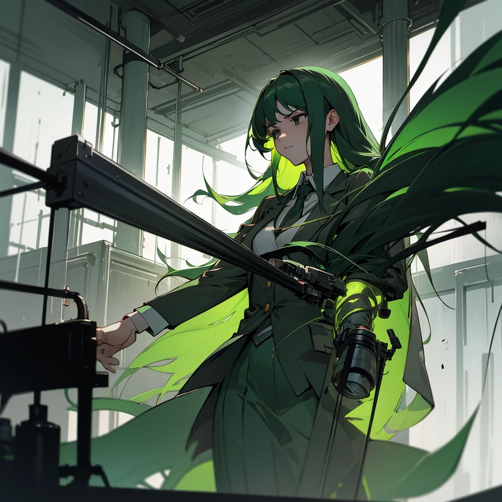 high quality, cinematic, dramatic lighting, hyper realistic, cinematic composition, moody, dark, somber, atmospheric, emotive, green-haired woman in a laboratory, long green hair, dark green hair, black eyes, sad expression, lab coat, blazer, skirt, scientific equipment, test tubes, beakers, computers, desaturated colors, moody lighting, dramatic shadows, photorealistic
