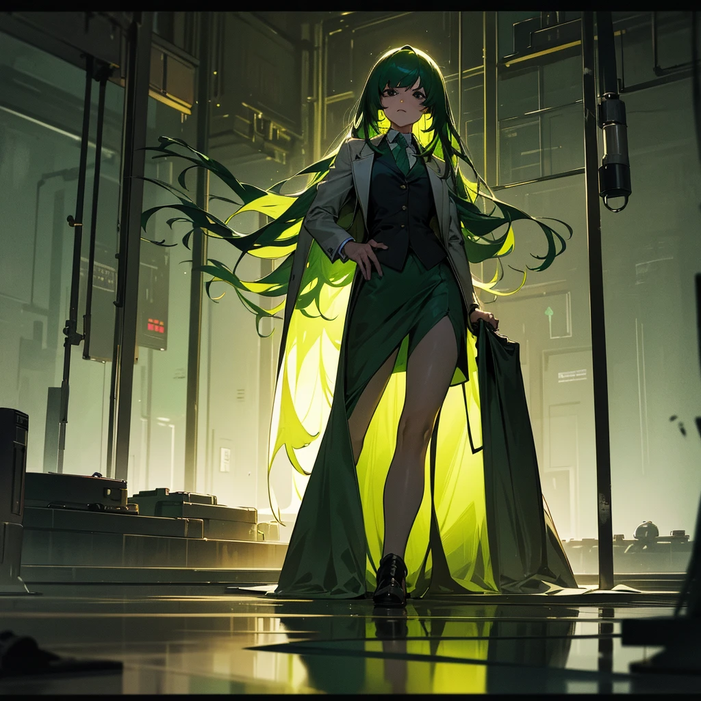high quality, cinematic, dramatic lighting, hyper realistic, cinematic composition, moody, dark, somber, atmospheric, emotive, green-haired woman in a laboratory, long green hair, dark green hair, black eyes, sad expression, lab coat, blazer, skirt, scientific equipment, test tubes, beakers, computers, desaturated colors, moody lighting, dramatic shadows, photorealistic