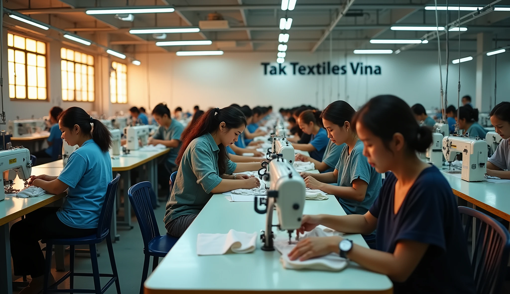Vietnamese. Make a photo of 20 women working inside a garment factory.Employees running sewing machines. wide angle lens. Put the words "TAK TEXTILES VINA" on the inside wall of the factory.