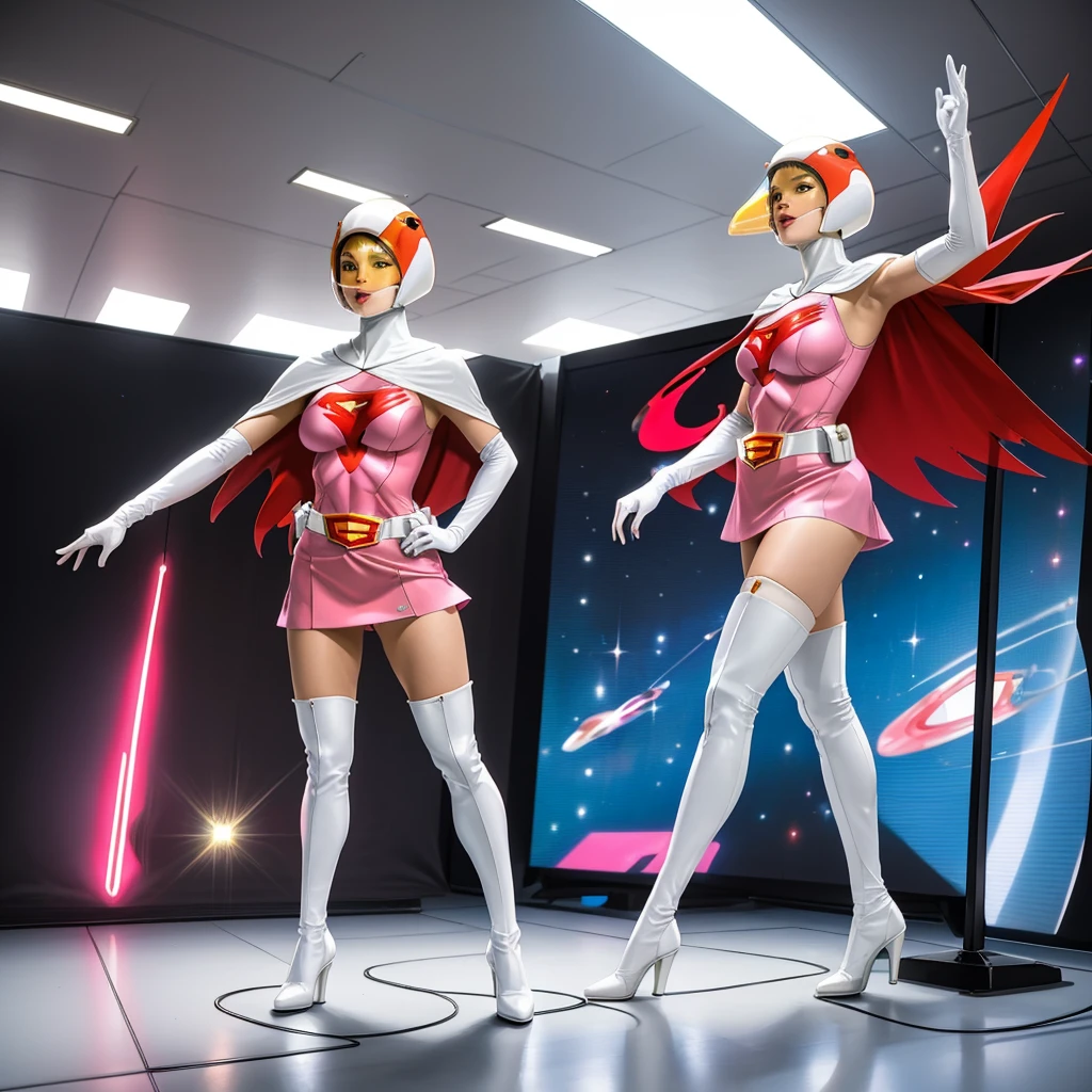 ANI_CLASSIC_jun_gatchaman_ownwaifu,1girl, ,good anatomy, masterpiece, best quality,realistic, hyper realistic, 16k hdr, long hair,breasts,lips,large breasts,lipstick,makeup,gloves,cape,helmet,belt,elbow gloves,white gloves,mask,ultra miniskirt,leotard,spacesuit,white tight overknee highheels boots,pink dress,superhero,bodysuit,cleavage,erected nipples,(standing pose,front view),(spread legs:1.1)