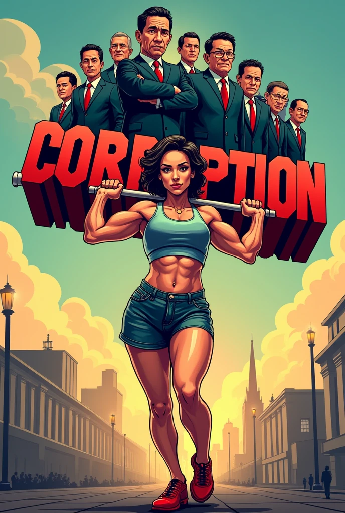 Make me a poster with a girl carrying the word corruption on her back while politicians are standing on the word and make it cartoony
Make the girl buff  like hidilyn Diaz 
