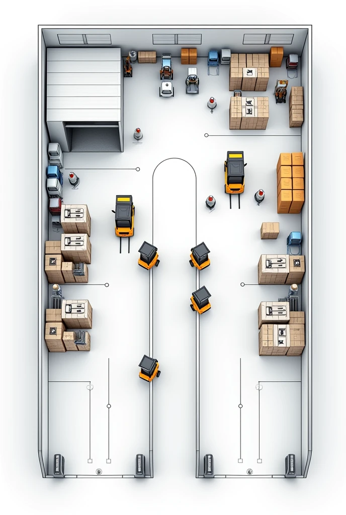 Layout,floor plan of a production warehouse,paying attention to the details of efficiency and movement,how many people how many forklifts,will have 4 docks,2 on each side, the shape of the floor plan is a horizontal rectangle,the layout should be clean and easy to view for anyone viewing it