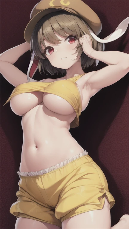 Ringo \(Touhou\), by rubio, short hair, taxi driver hat, belly button, rabbit ears, Red eyes, clavicle,  yellow shorts, big breasts, detailed face, detailed eyes, Detailed hair. Big huge breasts. nude, naked huge tits