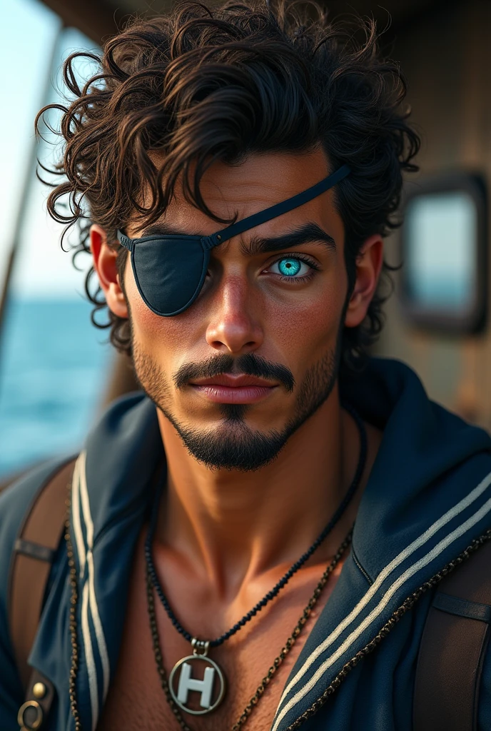 Imagine a 23 year old sailor with a curly mullet hairstyle. The hair in the back is longer and curlier., while the front part is shorter.He has a mustache and a goatee.He is wearing an eyepatch over his right eye, giving it an air of mystery and adventure. His remaining eyes are an intense blue., shining with a vibrant hue.He has a necklace with the letter H. The sailor may be wearing a typical sailor uniform.He has tanned skin from the sun