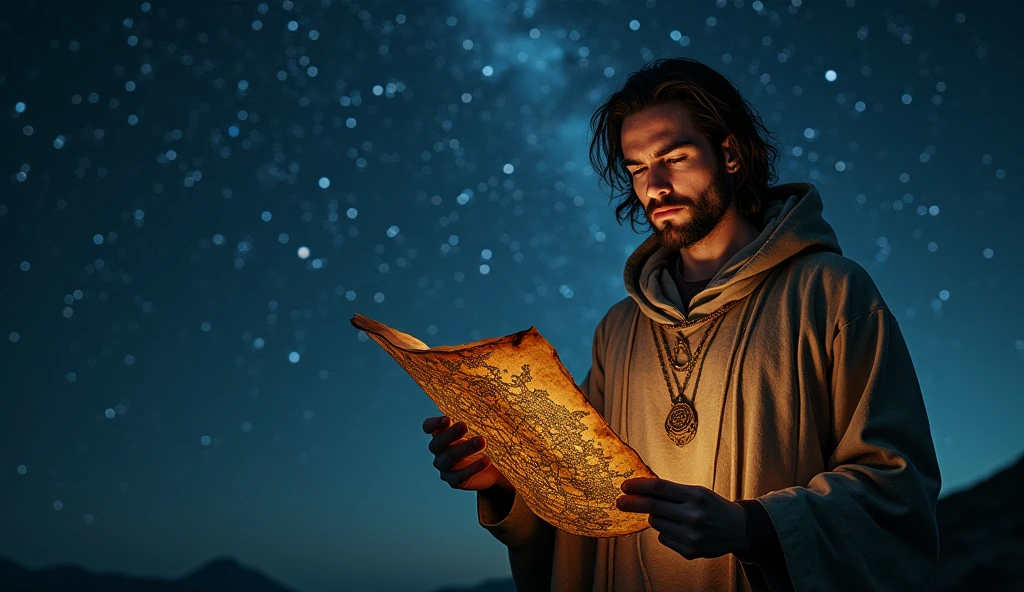 A person holding an ancient celestial map with zodiac signs, positioned against a backdrop of a cosmic night sky with shifting star patterns. Atmosphere: adventurous and guiding. Mood: determined and hopeful. --ar 16:9