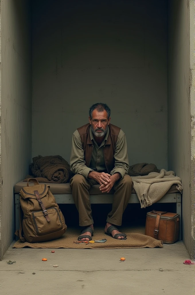 A person sitting on his cot, surrounded by his few belongings.