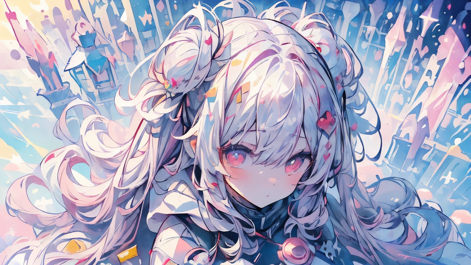 ((((masterpiece, best quality, ultra detail, very_high_resolution, large_filesize, full color)))), 1girl, white long hair, pink eyes, Wearing a fluffy white hooded outfit, heart-shaped pupils, (((from above))), (((Angle from above))), lens flare, Bokeh, sparkle, ((watercolor))