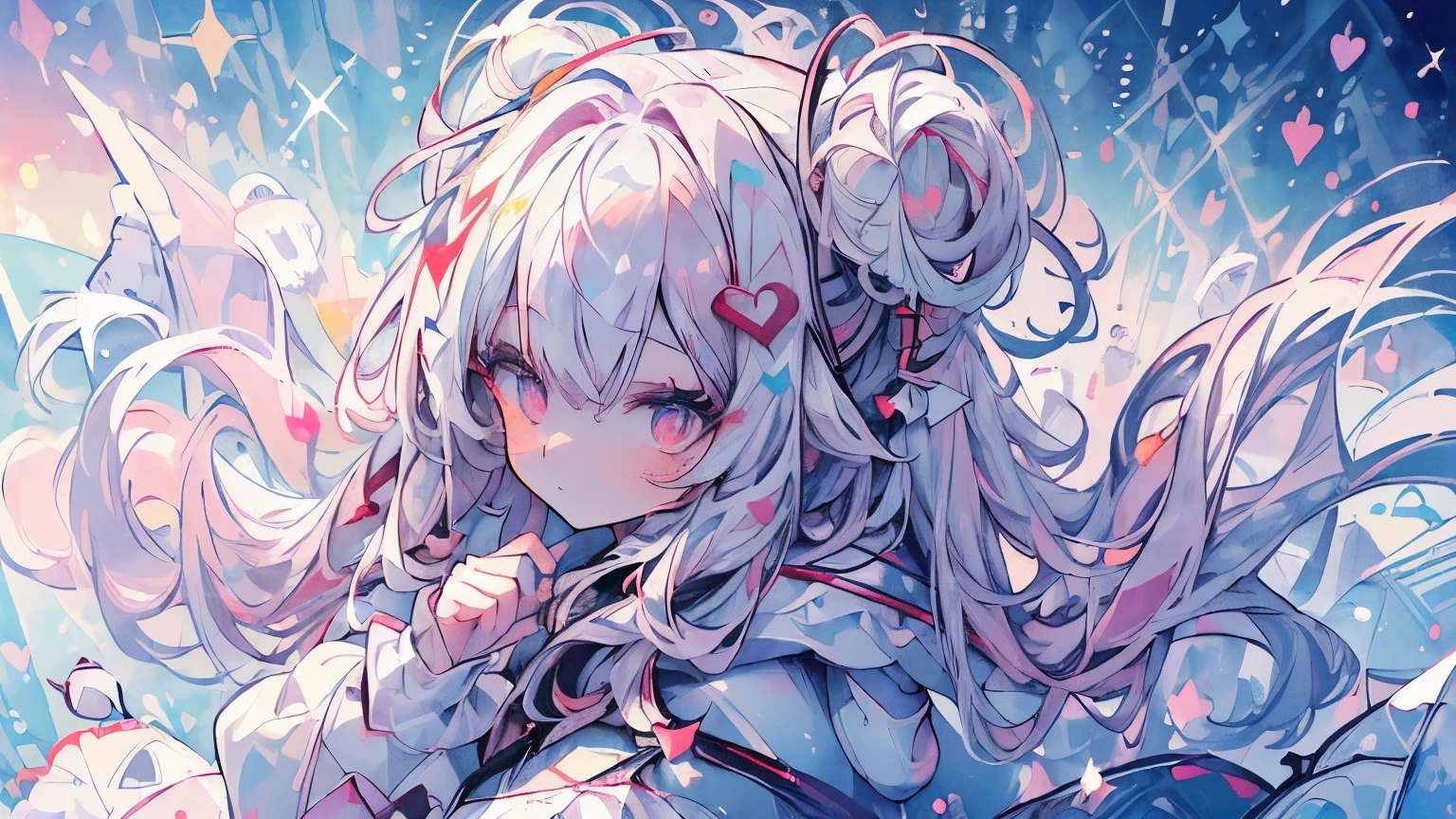 ((((masterpiece, best quality, ultra detail, very_high_resolution, large_filesize, full color)))), 1girl, white long hair, pink eyes, Wearing a fluffy white hooded outfit, heart-shaped pupils, (((from above))), (((Angle from above))), lens flare, Bokeh, sparkle, ((watercolor))