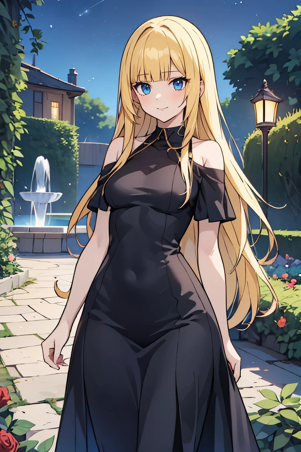 fairy_tail_style, solo, 1 girl, cowboy shot, (young female body:1.4), (medium small breasts), long disheveled hair, golden yellow wavy hair, extra long hair, blunt bangs, crystal blue eyes, very detailed blue eyes, mansion garden, standing on a cobble pathway, a moonlit garden with a fountain, rose bushes, night time, tight elegant black dress, maxi length black dress, short sleeves,  form fitting tight black dress, chic evening dress, party dress, cowboy shot, flower in hair, off shoulder short sleeves, off shoulder, exposed collar bones