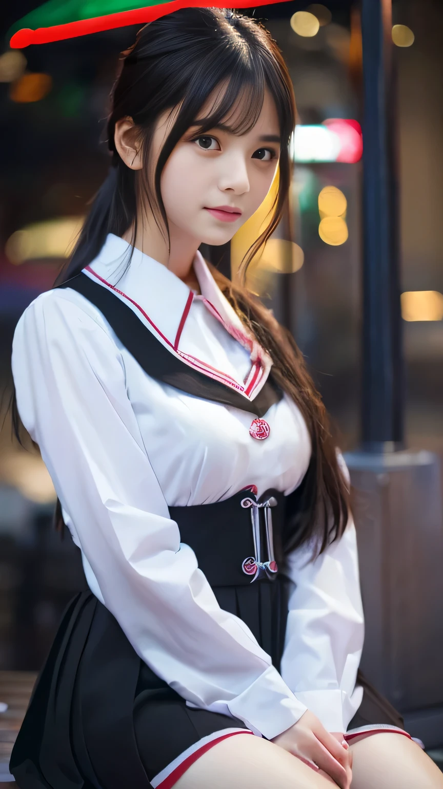 Highest quality,4K,8k,High resolution,masterpiece:1.2,Very detailed,Realistic:1.37,Portraiture,Soft colors,A girl exuding fatigue,long, flowing black hair,Delicate features,Thinking eyes,White skin,Happy expression,Great atmosphere,Wearing a uniform、Gazing into the distance,,Romantic atmosphere、Roppongi Nightlife、,Calm colors,Soft Shadows、Above-the-waist display、Ample breasts、