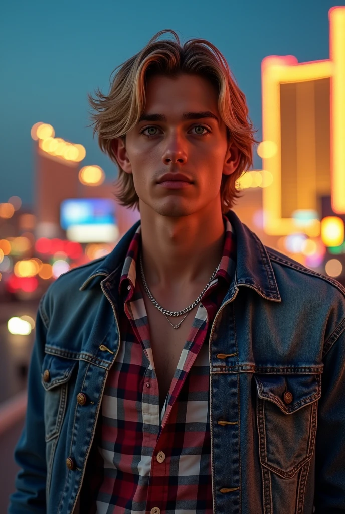 Tall, handsome 26-year-old man, green eyes like jade pearls, and medium blond hair. Wearing a plaid shirt and a denim jacket, and a necklace around his neck. Behind him to the city of Las Vegas