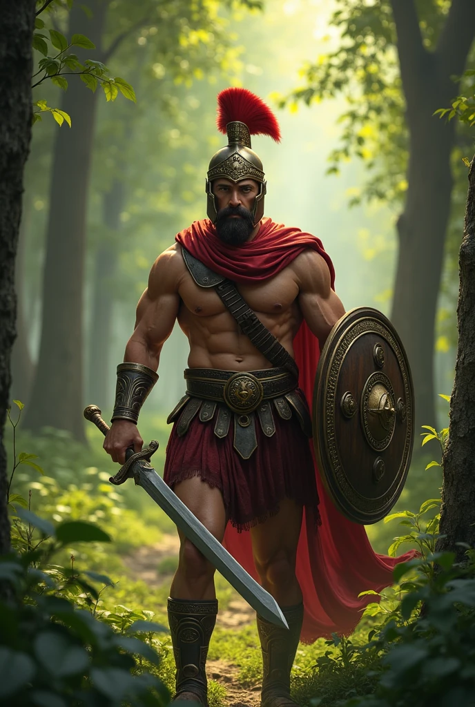 A GREEK FIGHTER WIRING A SWORD AND SHIELD IN THE MIDDLE OF A GREEN FOREST