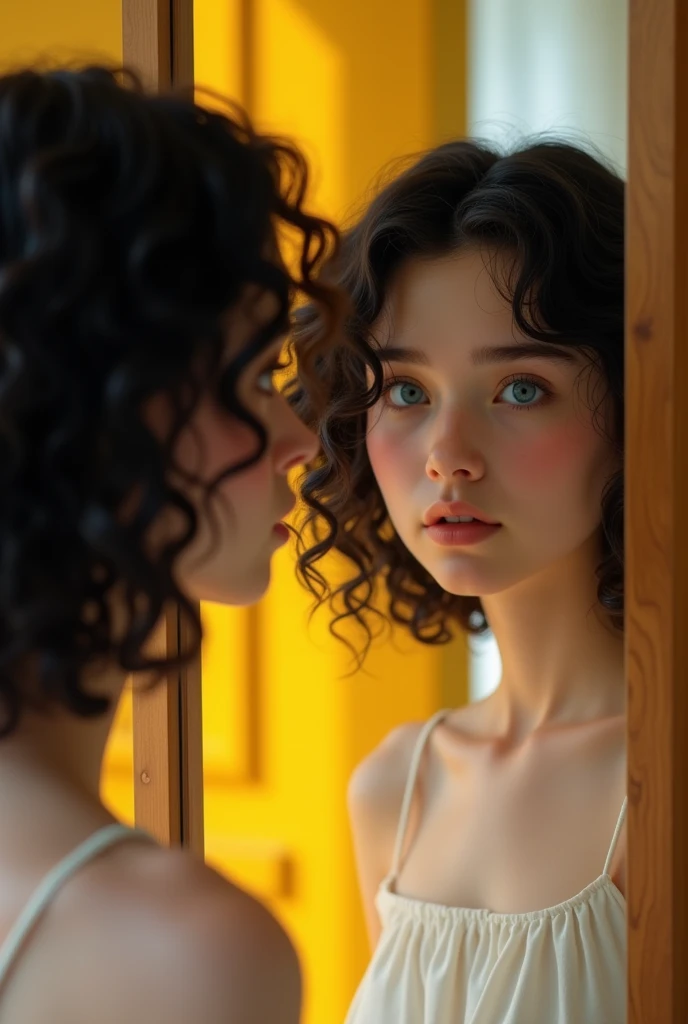 Create an image of a beautiful, real age girl with blue eyes, white outfit,looking in the mirror and seeing orange streaks in your hair, she has medium length curly black hair, is in a room with a yellow door