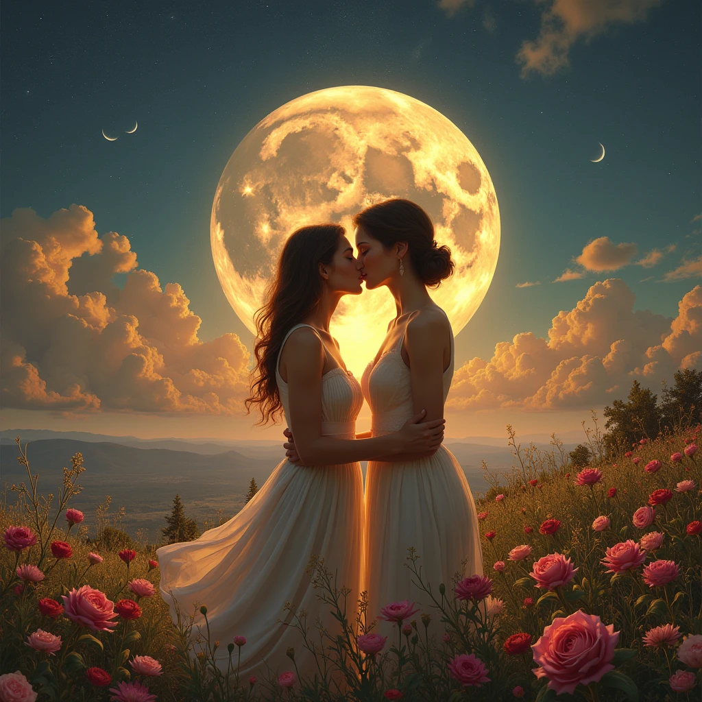 (masterpiece, highest quality, official art, beauty and aesthetic, the most important work), perfect anatomy, perfect hands, two women is deeply in love with each other, kiss, romantic atmosphere, flower and moon, magnificent panorama view